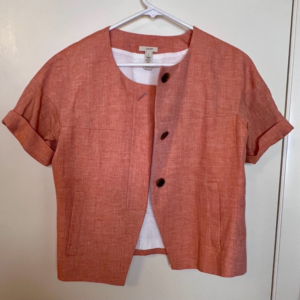 J Crew 100% Linen Coral Short Cuffed Sleeve Jacket Size 4